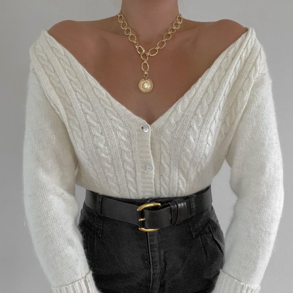 Vintage White Angora Cable Knit Cardigan Sweater - Picture 3 of 9